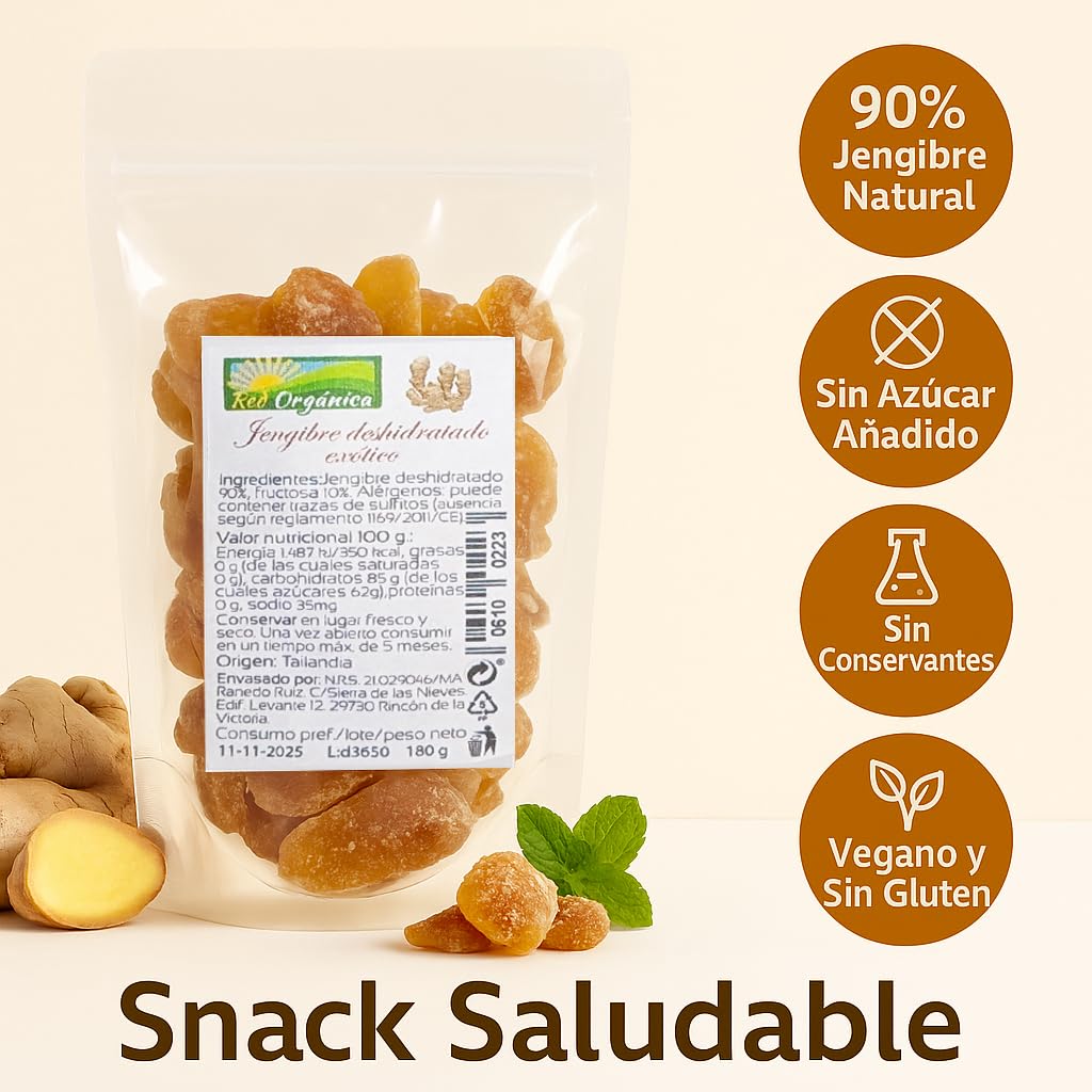 Jengibre Exótico Deshidratado 180 g Red Orgánica – Snack Natural con 10% de Fructosa, Vegano, Rico en Fibra y Antioxidantes, Ideal para Infusiones, Batidos y Repostería Saludable