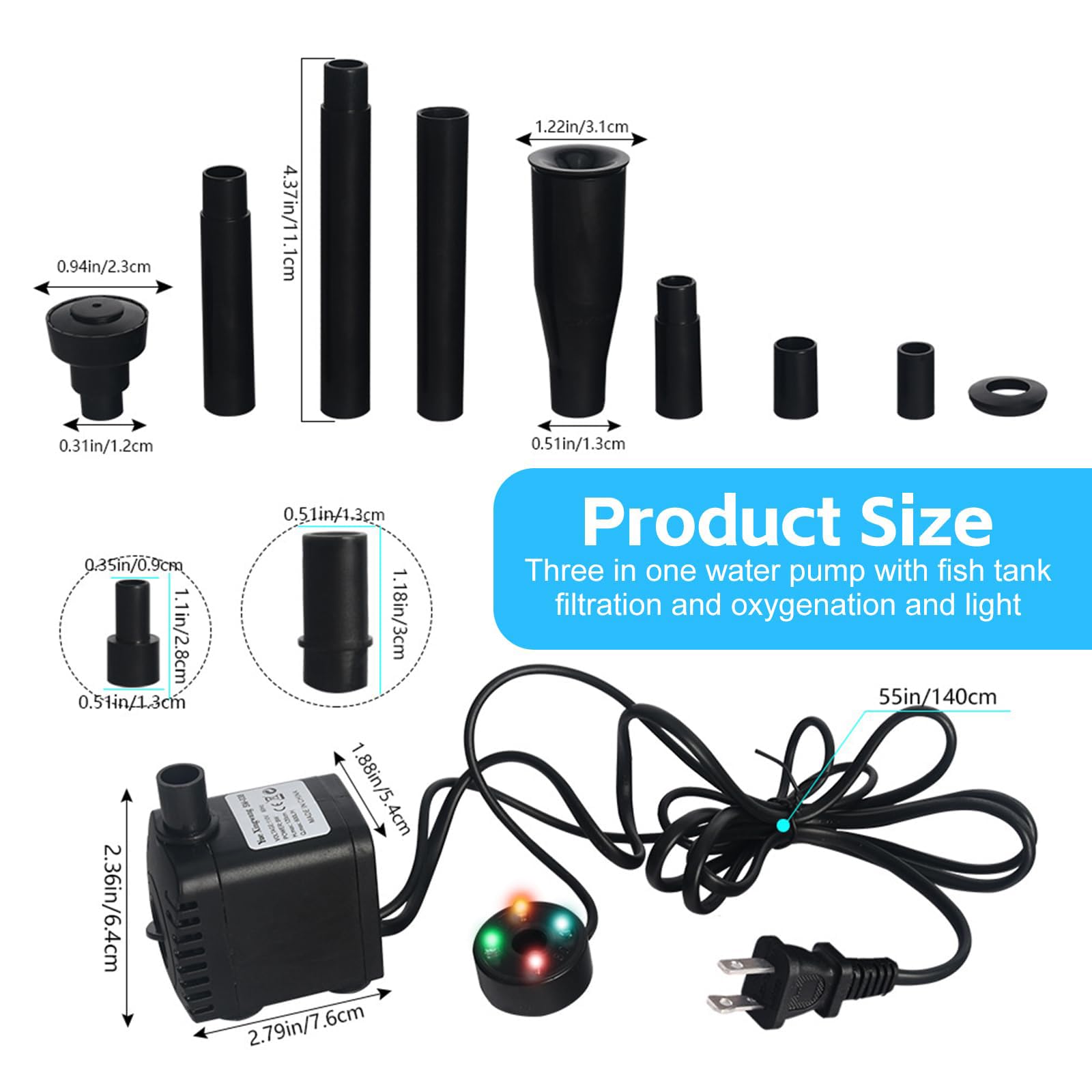 Pompe de fontaine extérieure 600 L/h 15 W 220 V, pompe de bassin 3 en 1 avec 4 LED, pompe de jardin pour fontaine, pompe pour jeux d'eau, pompe de ruisseau pour fontaine de jardins, bassins, puits