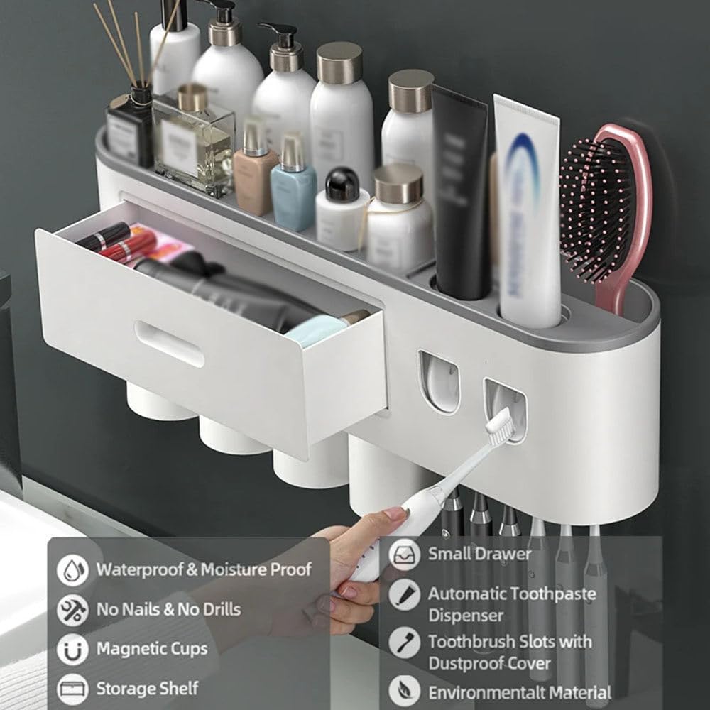 Soporte para Cepillo De Dientes De BañO con Dispensador AutomáTico Doble De Pasta De Dientes, Soporte para Cepillo De Dientes Montado En La Pared para 2/3/4/5 Tazas, 6 Ranuras para Cepillos,3cups