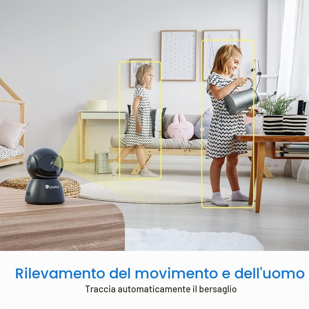 Ctronics 5MP PTZ Telecamera Wifi Interno Videocamera Interno con Pan 355°/Tilt 90° Rilevamento Umano/Movimento Auto Tracking Visione Notturna IR Audio Bidirezionale per Bambino/Animale Nero | Pan 355°/Tilt 90°, Rilevamento Umano/Movimento, Auto Tracking,
