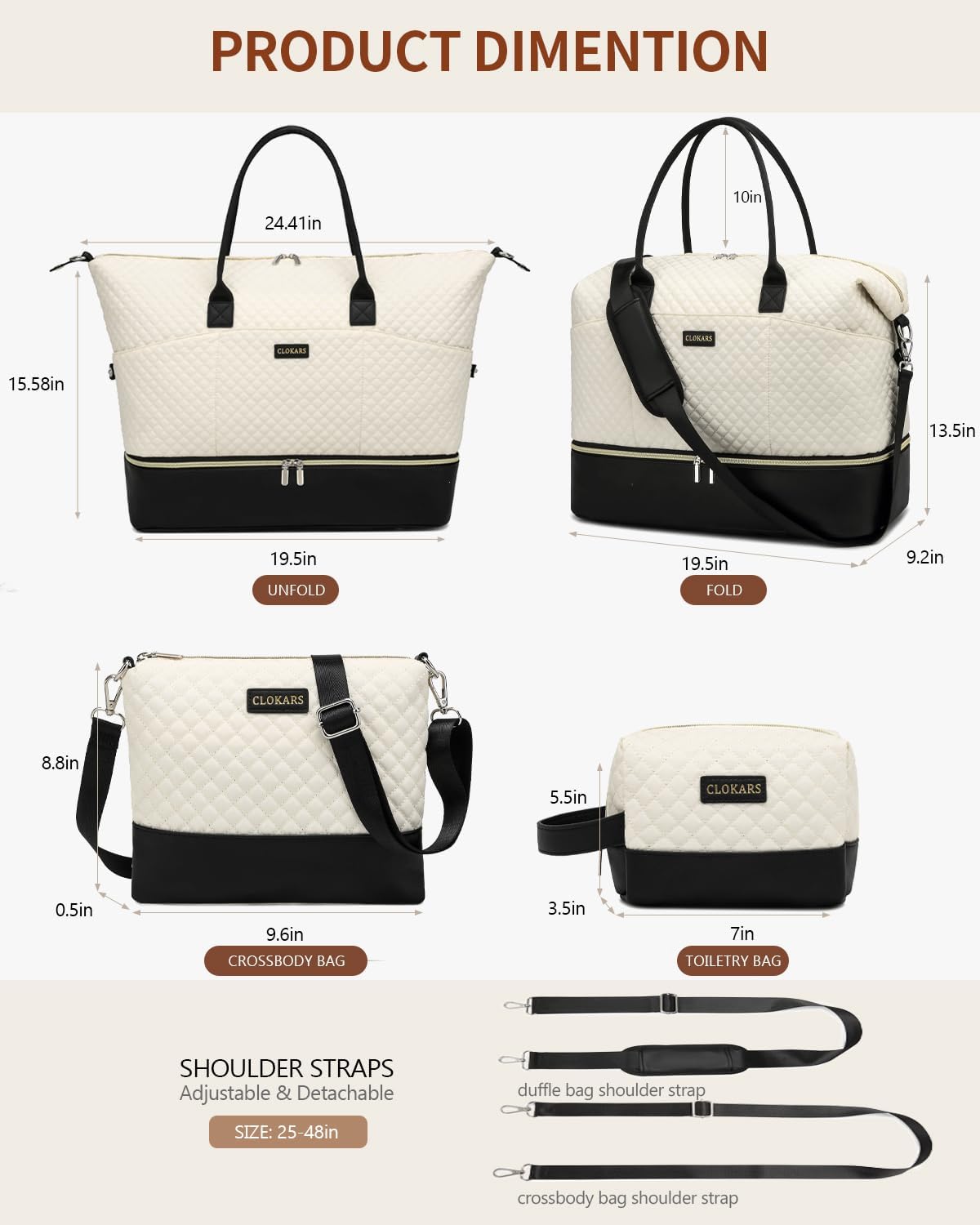 Travel Bag for Women, Weekender Bags Large Carry On Overnight Bag Duffel with Separate Shoes Compartment & Strap, Hospital Bags for Labor and Delivery, Beige Black