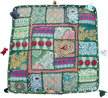 Square Decor Ethnic Indian Boho Ottoman Embroidered Traditional Outdoor Decorative Patchwork Cushion Cover Comfortable Seating Cotton Floor Pillow Without Filler Green, 35 x 35 x 5 Inches