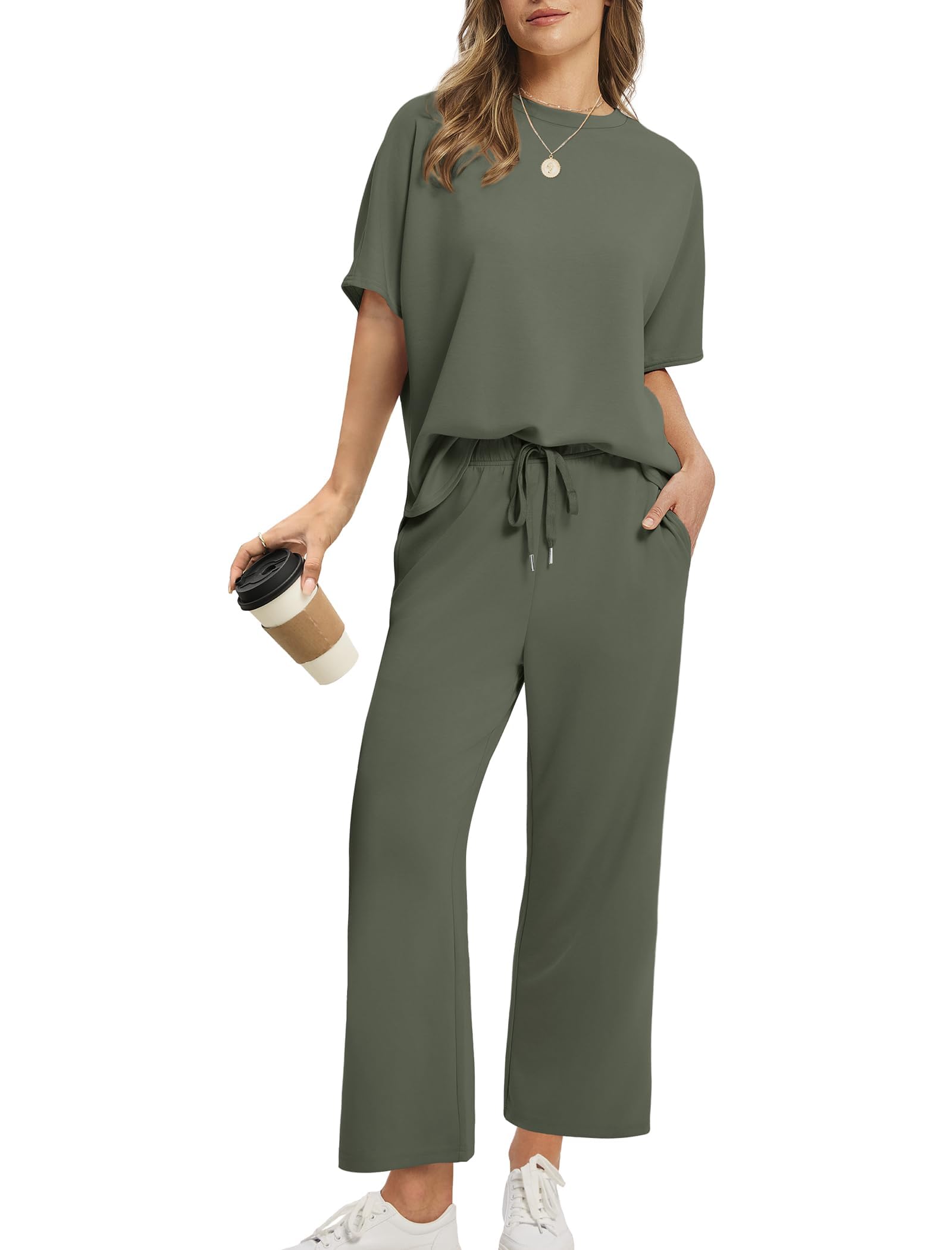 Desol Zweiteiler Damen Sommer Outfits, Trainingsanzug Sets Kurzarm Oberteil & Jogginghosen, Weites Bein Caprihosen für Freizeit & Hausgebrauch & Reisen