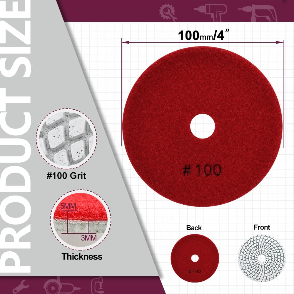 QUEFORET Diamond Polishing Pads Grit 100-6pcs Wet Sanding Discs 100mm for Granite Marble Quartz Artificial Stone - Image 2