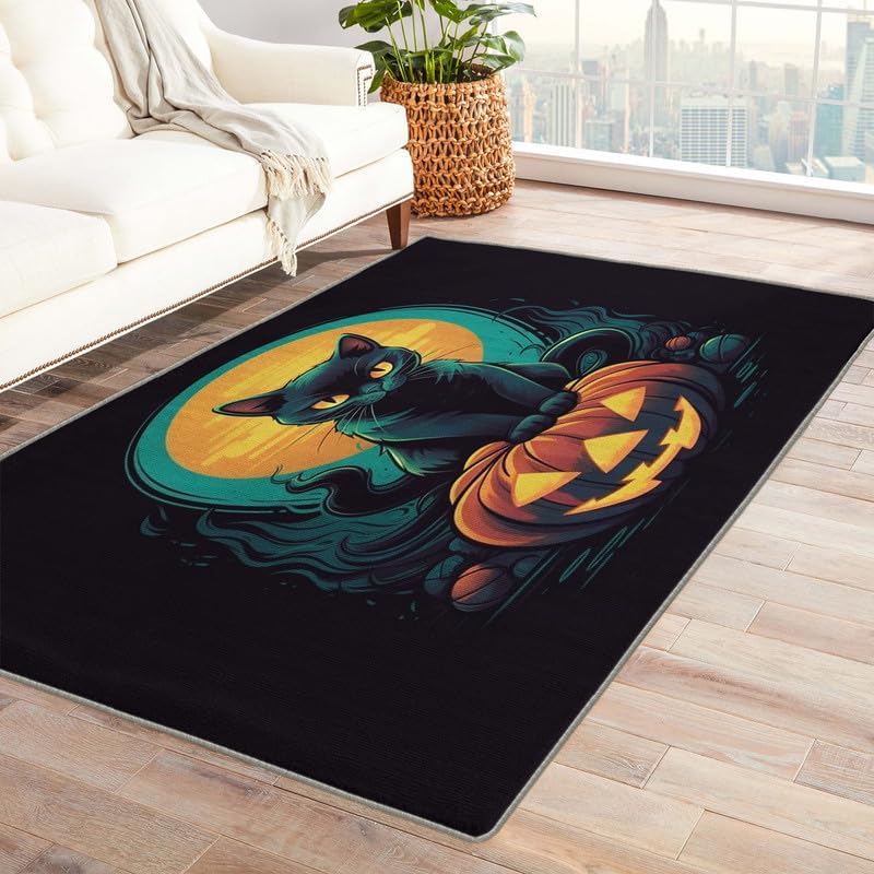 Alfombras de Halloween para dormitorio, sala de estar, alfombra de gato negro calabaza de 4 x 6 pies, lavable, antideslizante, suave, alfombra de
