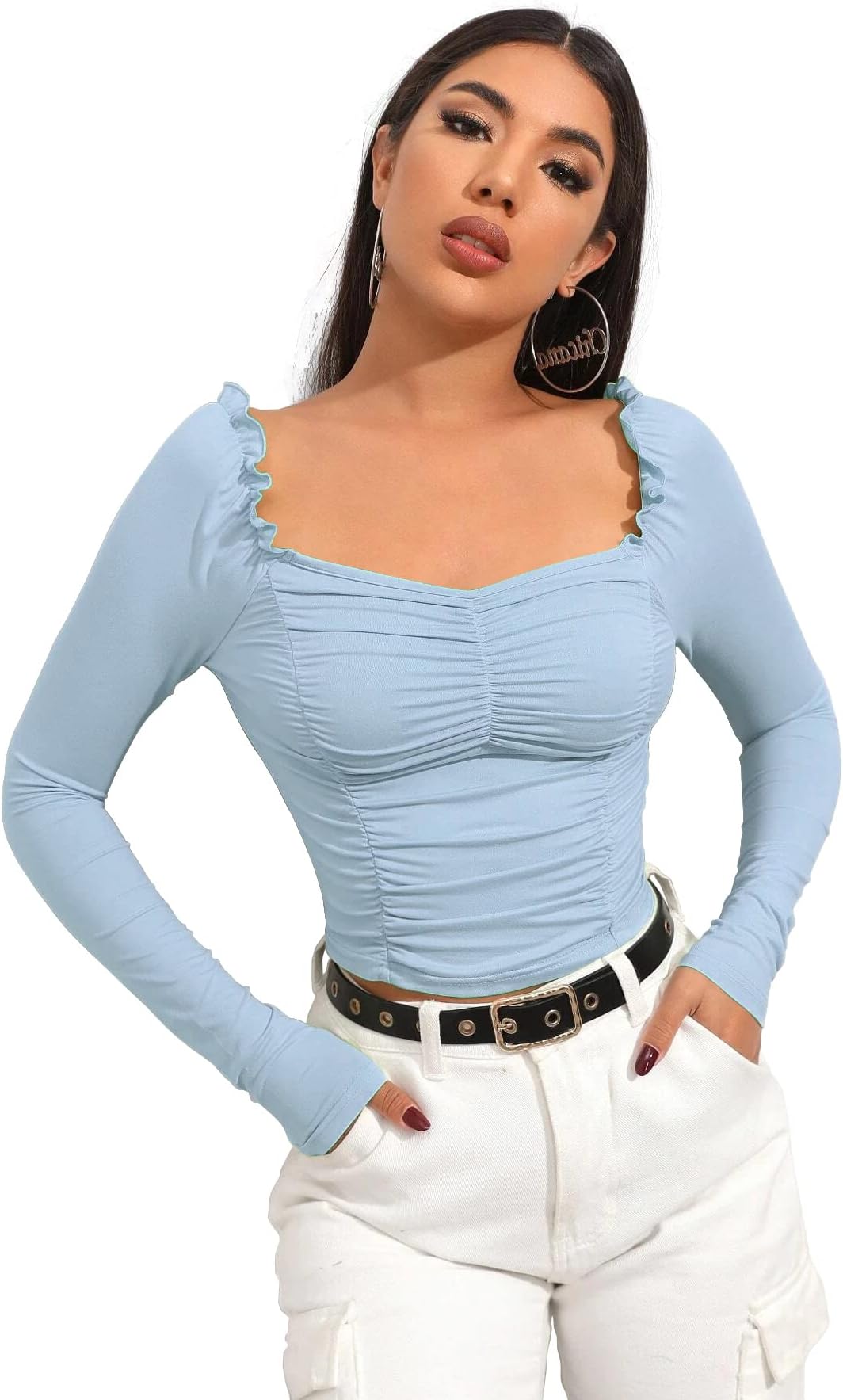 ShasmiWomen's & Girl's Polyester Slim Fit Full Sleeve, Sweat Hear Neck, Frill Trim Ruched Crop Top