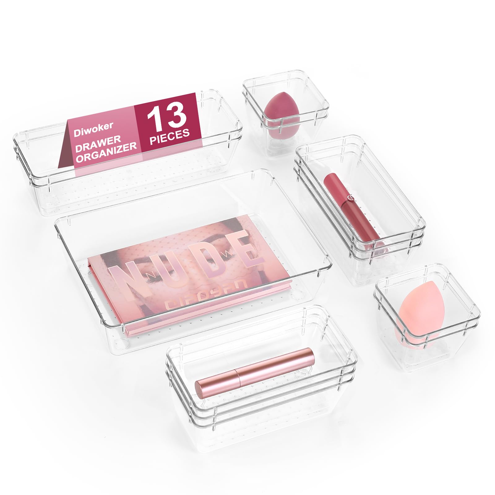 Diwoker 13 piezas organizador de cajones con 4 tamaños, sistema organizador de tocador de plástico transparente, organizador de maquillaje utilizable cajones de almacenamiento caja divisora