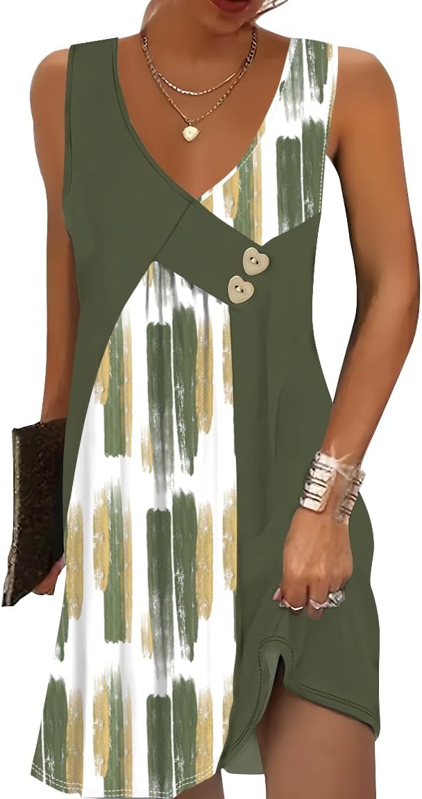 SAUKOLE Summer Dresses for Women Casual Sleeveless Asymmetric V Neck Buttons Sundress Loose with Pockets