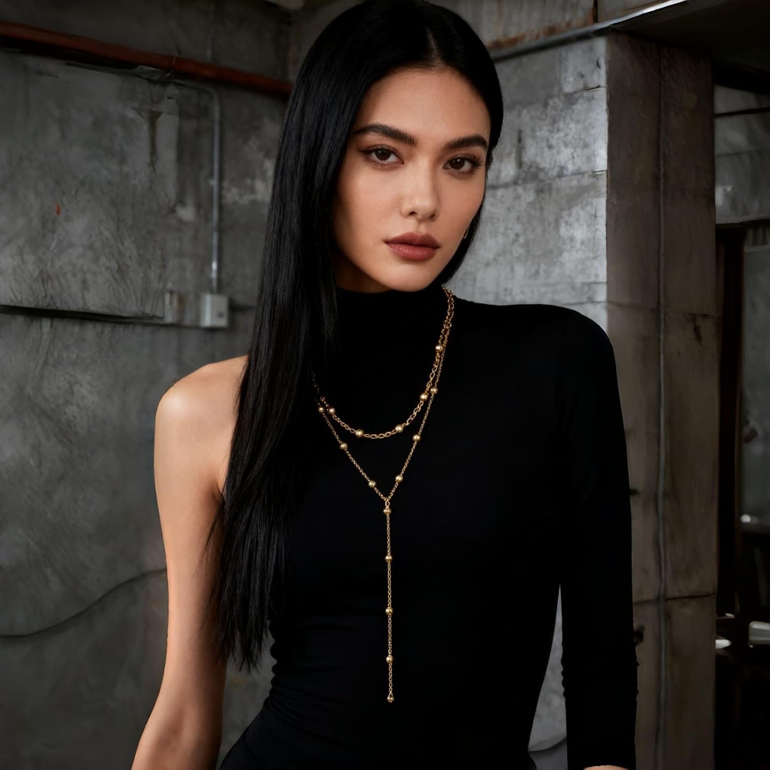 Gold Plated Long Necklace for Women, Layered Y-Shape Lariat Drop Pendant Chain with Beaded Accents, Adjustable Dainty Simple Trendy Jewelry Gift - Image 4