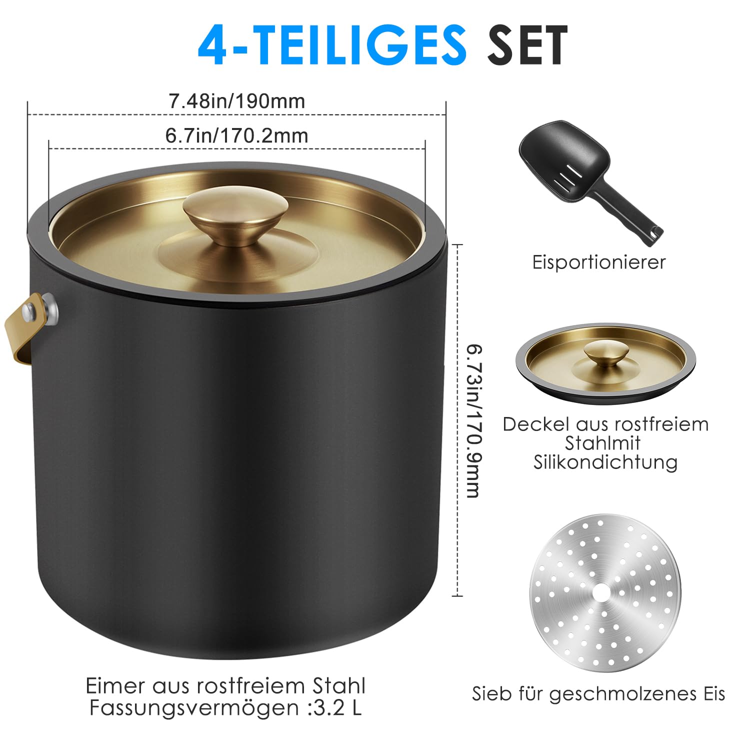 3.2L Eiswürfelbehälter mit Deckel und Schaufel, Edelstahl Eiskübel Doppelwandiger Isolierter Eisbehälter für Cocktailbar und Partys (Schwarz)