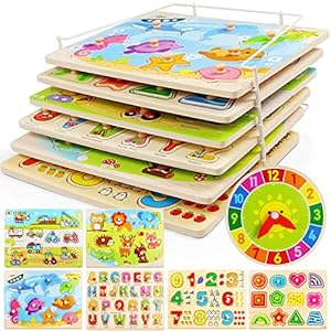 Puzzles for Kids Age 2-4 with Rack and Wooden Clock, 6 Pack Wooden Peg Puzzles for Toddlers with Storage Holder Rack, Educational Toys – Alphabet Number Animal Vehicle Shape