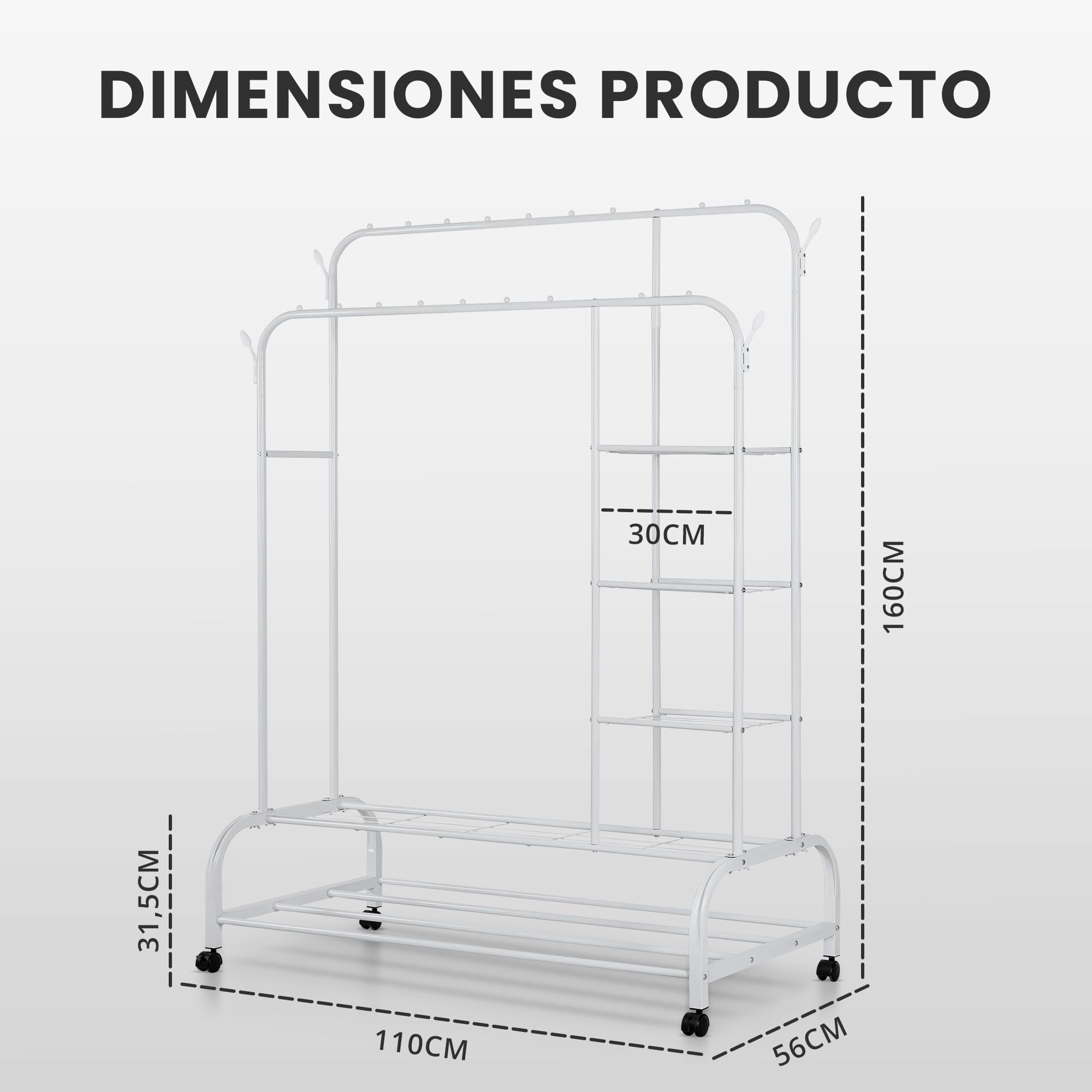 JUPPLIES Burro Ropa Resistente – Perchero Burro Doble con Soporte (Blanco, Con Ruedas y Estantes) — view 2