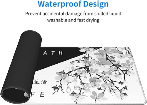 Miniatura 4 de Alfombrilla de mouse con diseño de flor de cerezo blanco y negro de 31.5 x 11.8 pulgadas, XL estilo de arte japonés Sakura, alfombrilla de mouse