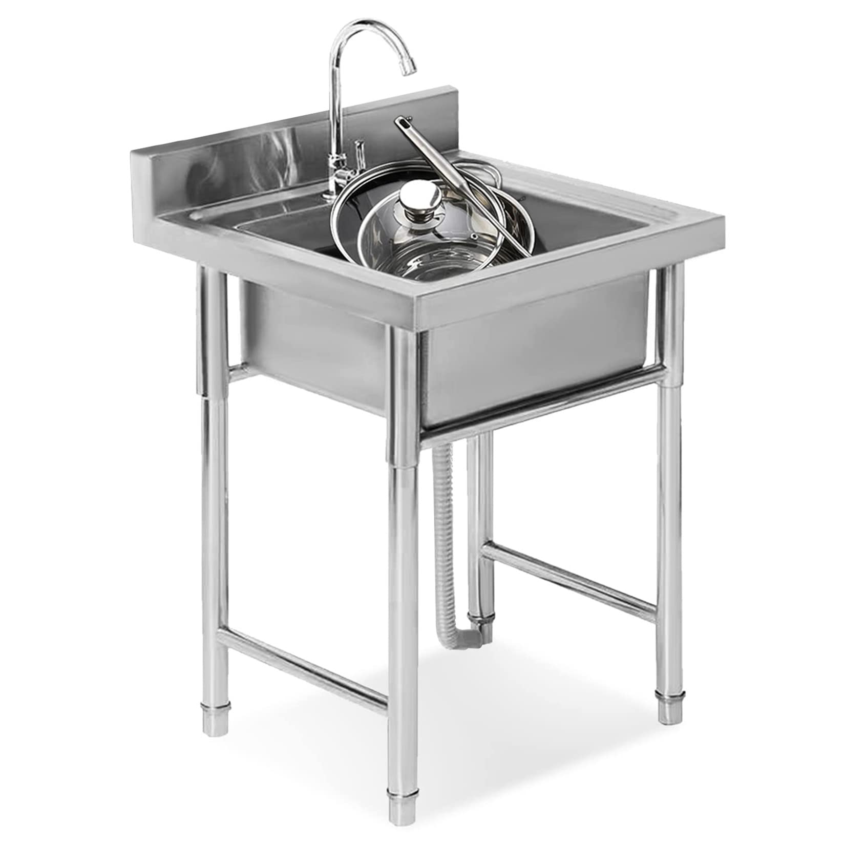 ZTCHSENZT Sink,Kitchen Utility Sink,Single Bowl Freestanding Prep Utility Sink, 1 Compartment Commercial 304 Stainless Steel Kitchen Sink with Faucet, for Restaurant, Laundry, Gara