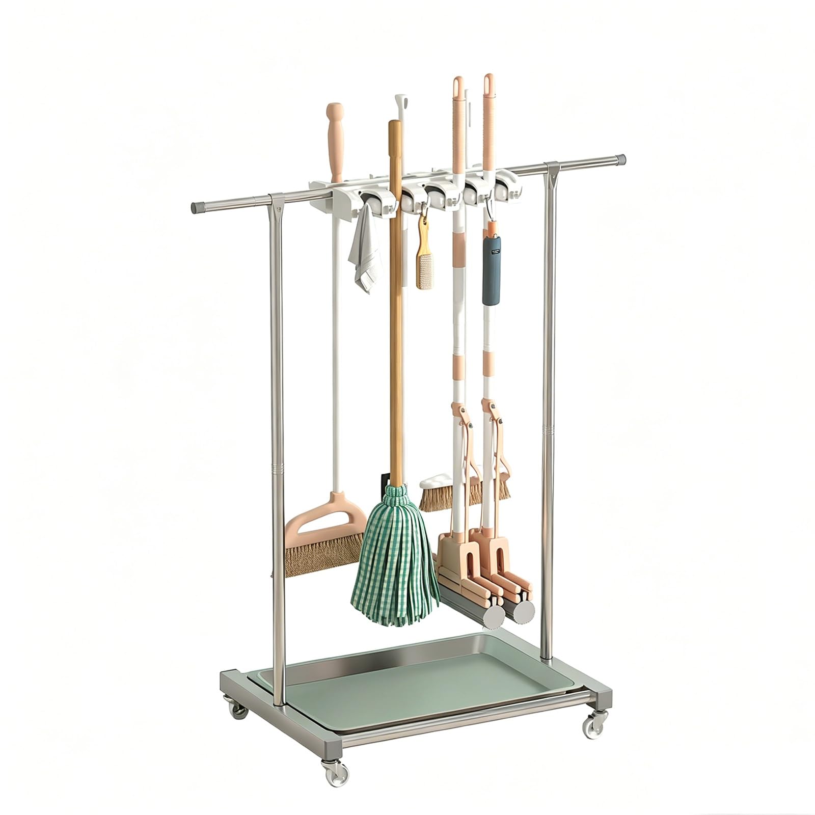 SARKEY Broom Mop Holder Cleaning Supplies Organizer,Rolling Janitor Cart With Wheels,Mobile Cleaning Trolley,Solves The Problem Of Dripping Mops And Wet Floors,Drip Tray