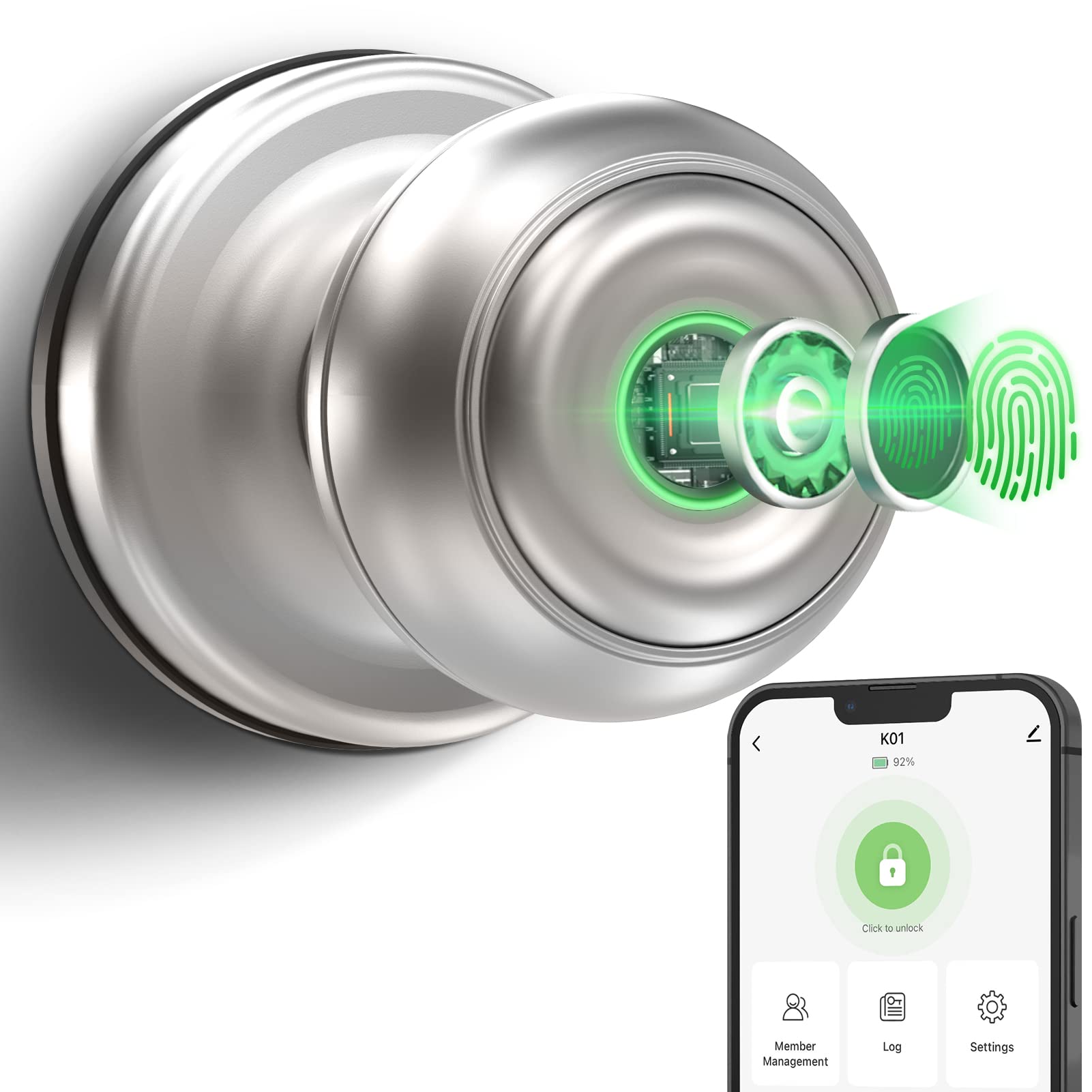 GeekTale Fingerprint Door Lock Smart Door Knob, Biometric Door Lock Smart Lock Fingerprint Door knob with App Control, Great for Bedrooms,Cloakroom,Apartments Offices,Hotels Satin Nickel