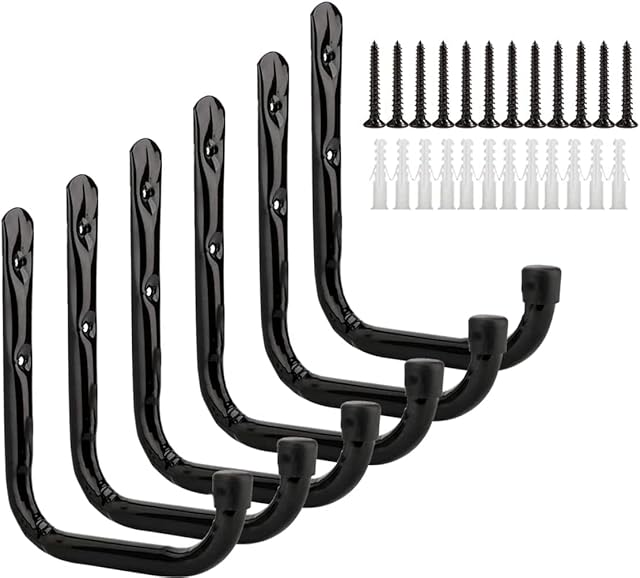 Reehi Ladder Hooks, Heavy Duty Garage Hooks ,Wall Mount Steel Garden Tools Storage Hooks for Bike, Chair, Garden Hose, Power Tool, Indoor Outdoor (Pack of 6 )