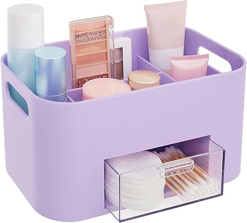 STORi Bliss - Organizador de maquillaje morado lila para encimera, organizador de baño dividido y cajón de almacenamiento, soporte para brochas de