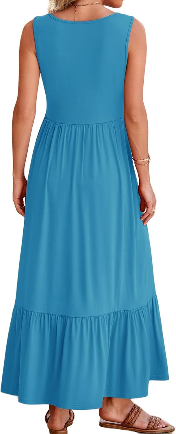 Women's Summer Sleeveless Dress Maxi Beach Vacation Dresses Casual Flowy Tired Sundress Square Neck Tank Top