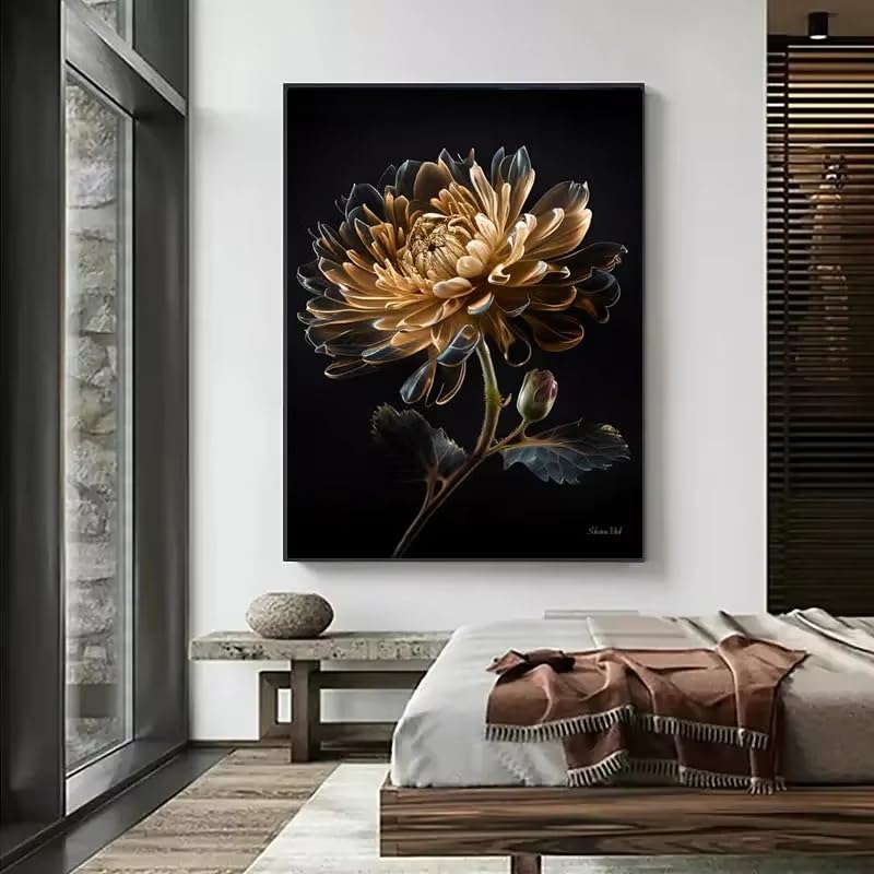 Toile roses noires et tournesols dorés pour mur blanc vide