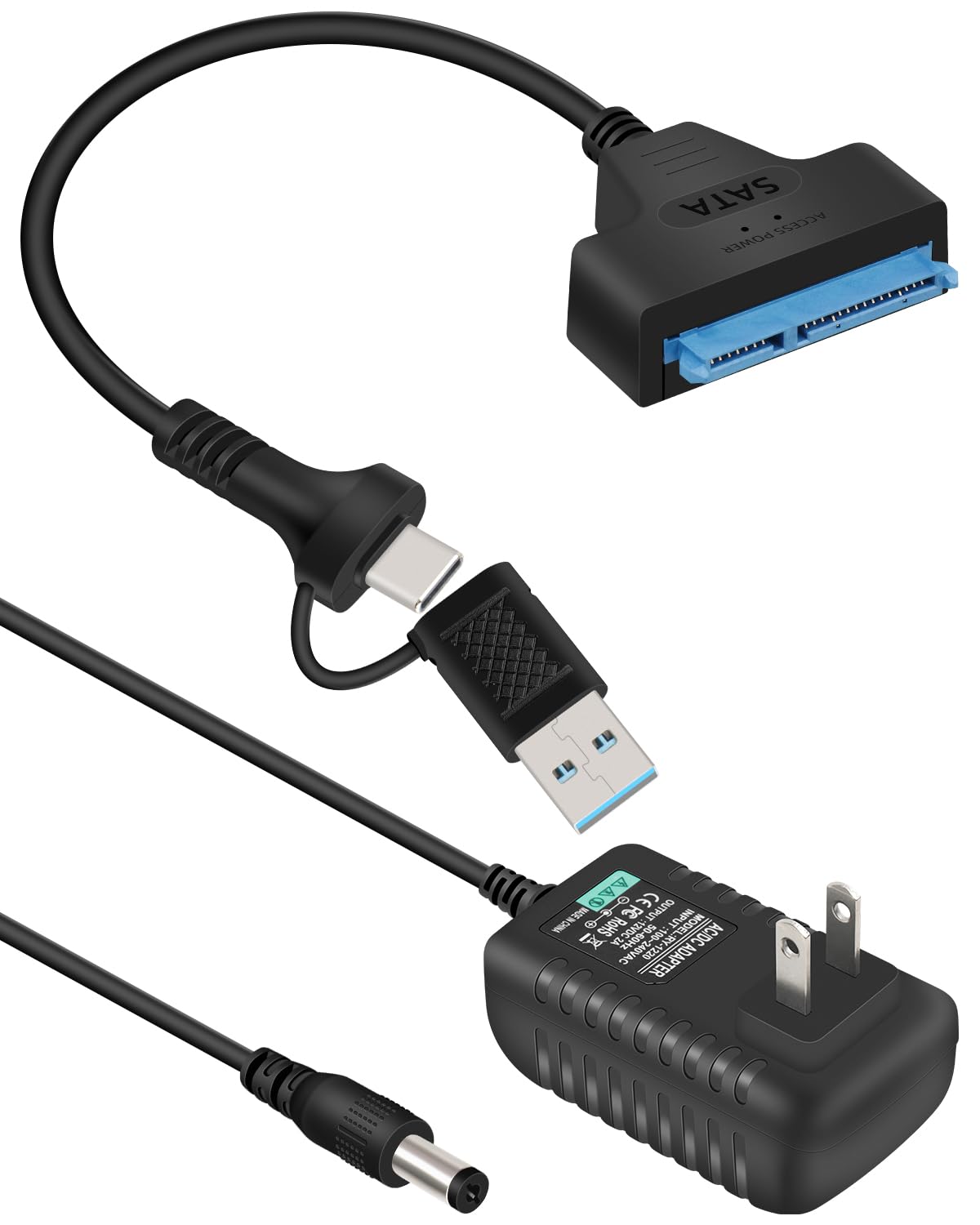 GELRHONR SATA to USB 3.0 and Type C Adapter Cable, 2 in 1 USB A + Type C to 3.5" 2.5" SSD/HDD Hard Drive Adapter with 12V/2A DC Power Supply Cable, 11.8Inch (USB A/C)
