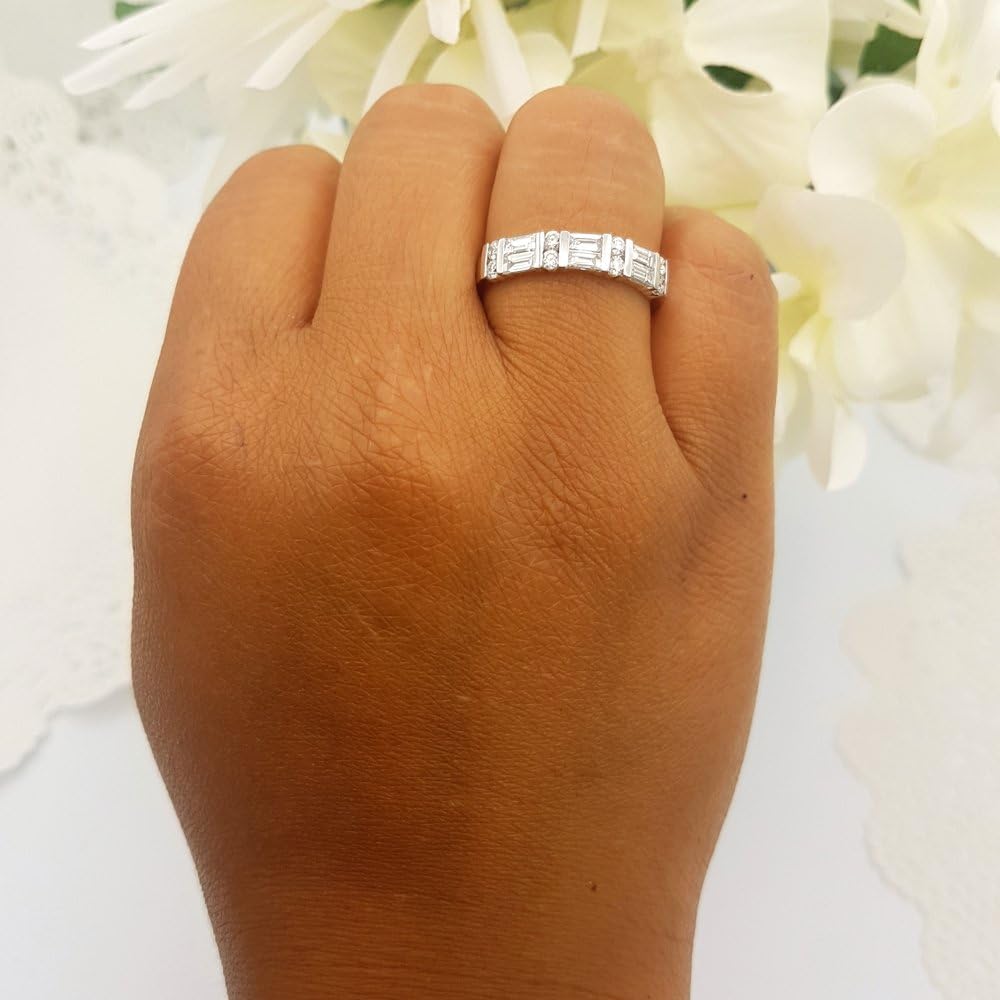 Dazzlingrock Collection 1.00 Ctw Round & Baguette Natural Diamond Women Anniversary Wedding Ring Band, 14K White Real Solid Gold