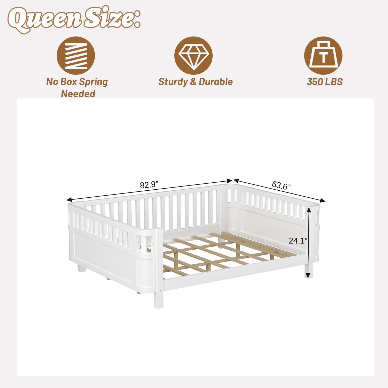 Kids Queen Bed Frame, Low Profile Montessori Bed Queen with Removable Rails, Queen Size Kids Bed Frame for Girls & Boys, No Spring Box Required, No Squeaks, White