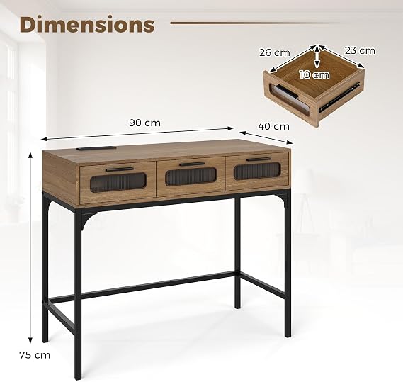 COSTWAY 90cm Console Table with LED Lights and Power Outlet (Natural+Black)