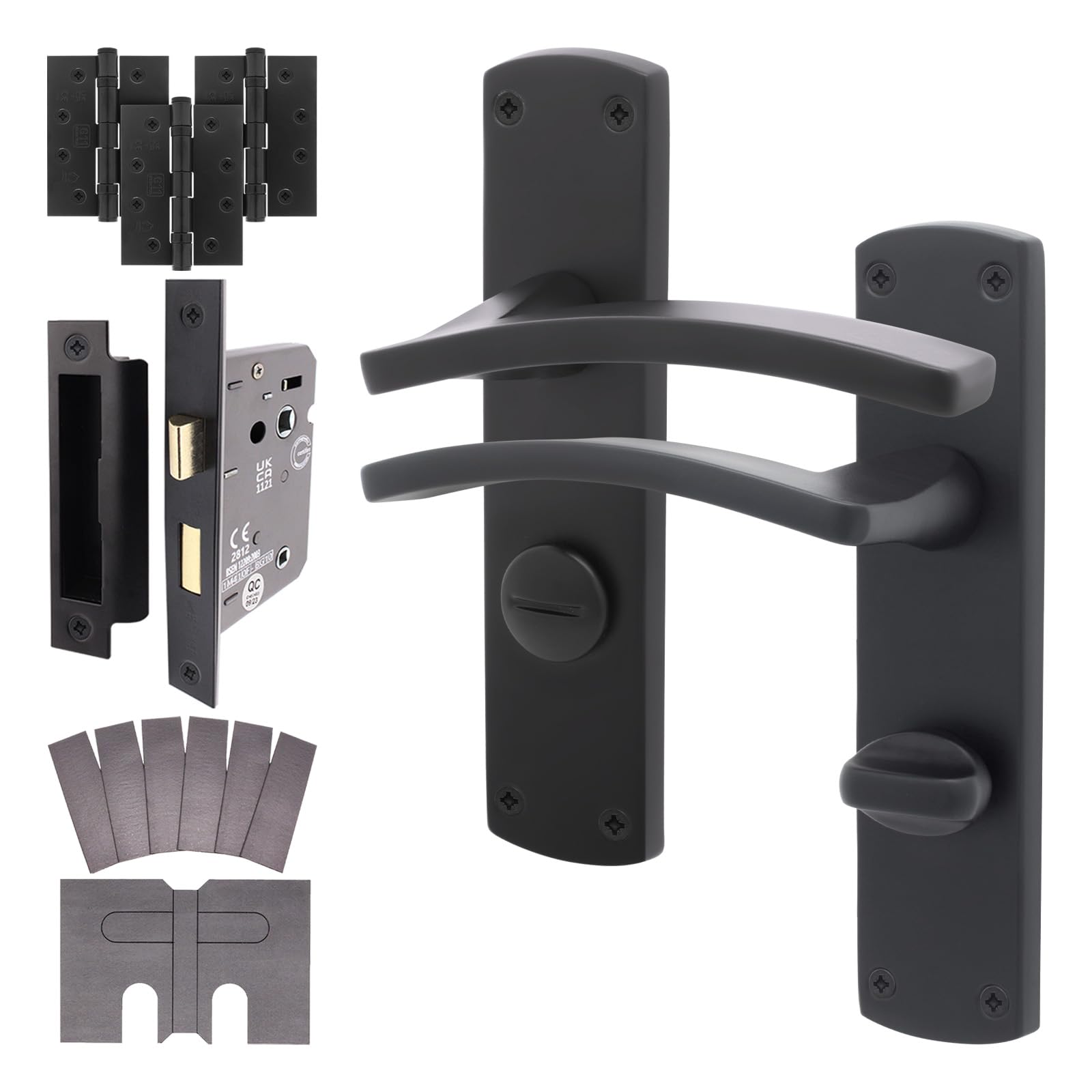 Eai Matt Black Black Fire Door Handle Bathroom Set, Internal Fire Rated Door Handle With 80Mm Lock And 102Mm Hinges, Elcot 1 Pack