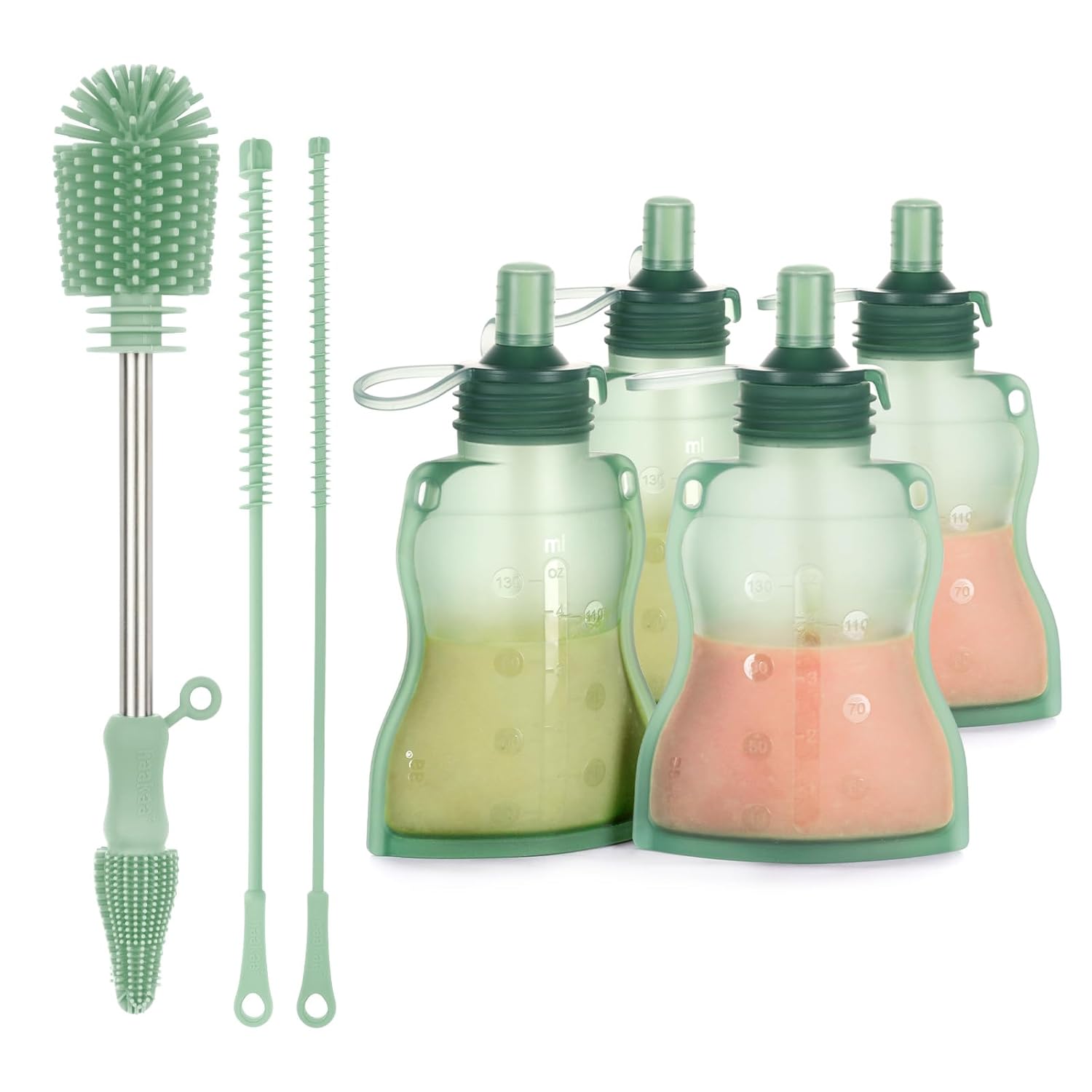 Haakaa Yummy Pouch Reusable Baby Food Pouch&Cleaning Brush Kit Set Baby Food Storage Kids Squeezable Pouch, Washable Freezer Bottle Brush for Breast Pumps, Breast Milk Collector, Baby Bottles, Nipple