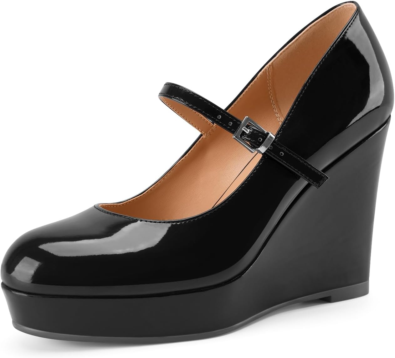 Mary Jane Shoes for Women Round Toe Platform Wedge Pumps Ankle Strap Buckle Wedges Heels Casual Uniform Work Shoes 4 Inch