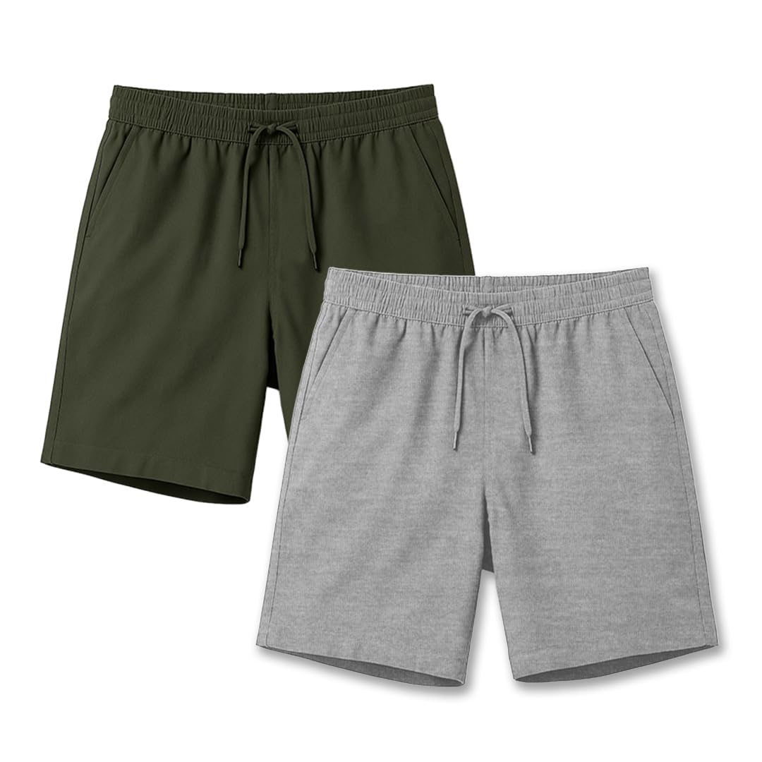 Nobero Men Pack of 2 Shorts V2-Men-Shorts(1M-BWSH-R0077-118X6_Olive Green & Grey Melange_2XL)