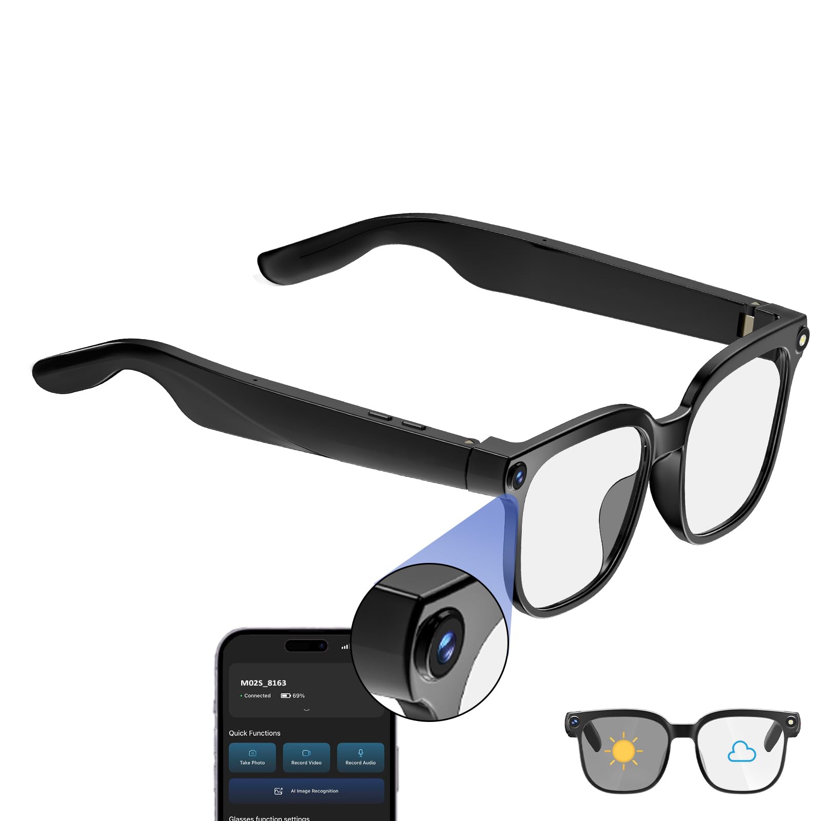Smart Glasses with Camera 4K with Audio Bluetooth Camera Glasses for Men Women 8MP 32G HD Hidden Video
