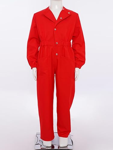 Kids Girls Mechanic Coveralls Flight Suit Long Sleeve Cargo Jumpsuit with Pockets for Halloween Party Red 16 Years