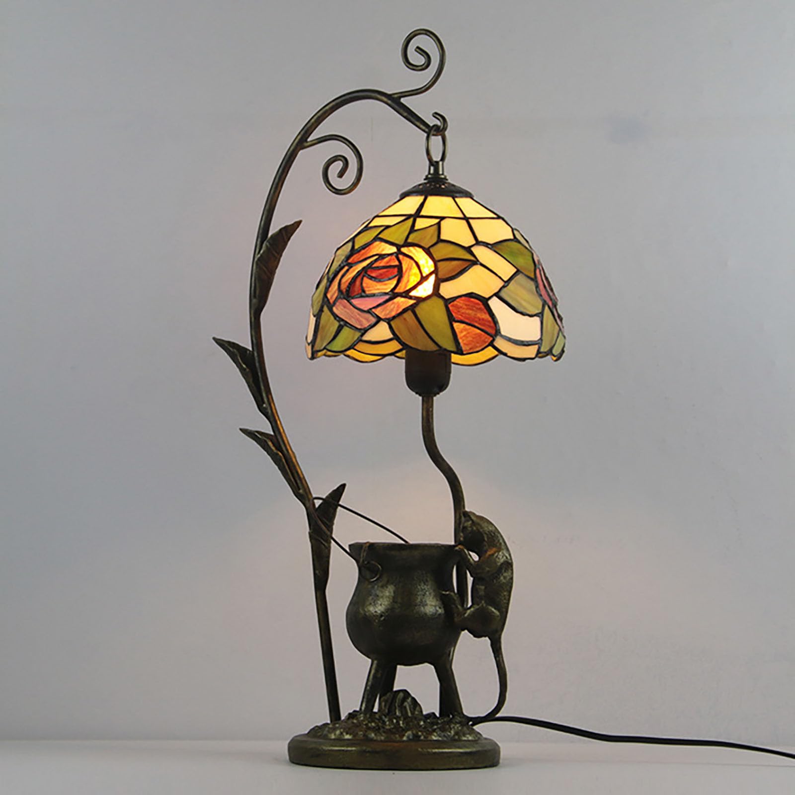 Dualbao Creative Little Mouse on The Lampstand Table Lamp,Tiffany Style Retro Base Stained Glass Desk Light Hotel Bedroom Bedside Decoration,Roses