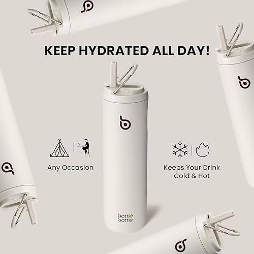 Miniatura 5 de BOTTLE BOTTLE Botella de agua aislada de 24 onzas con tapa de popote y asa para deportes, viajes, gimnasio, botellas de agua de acero inoxidable,