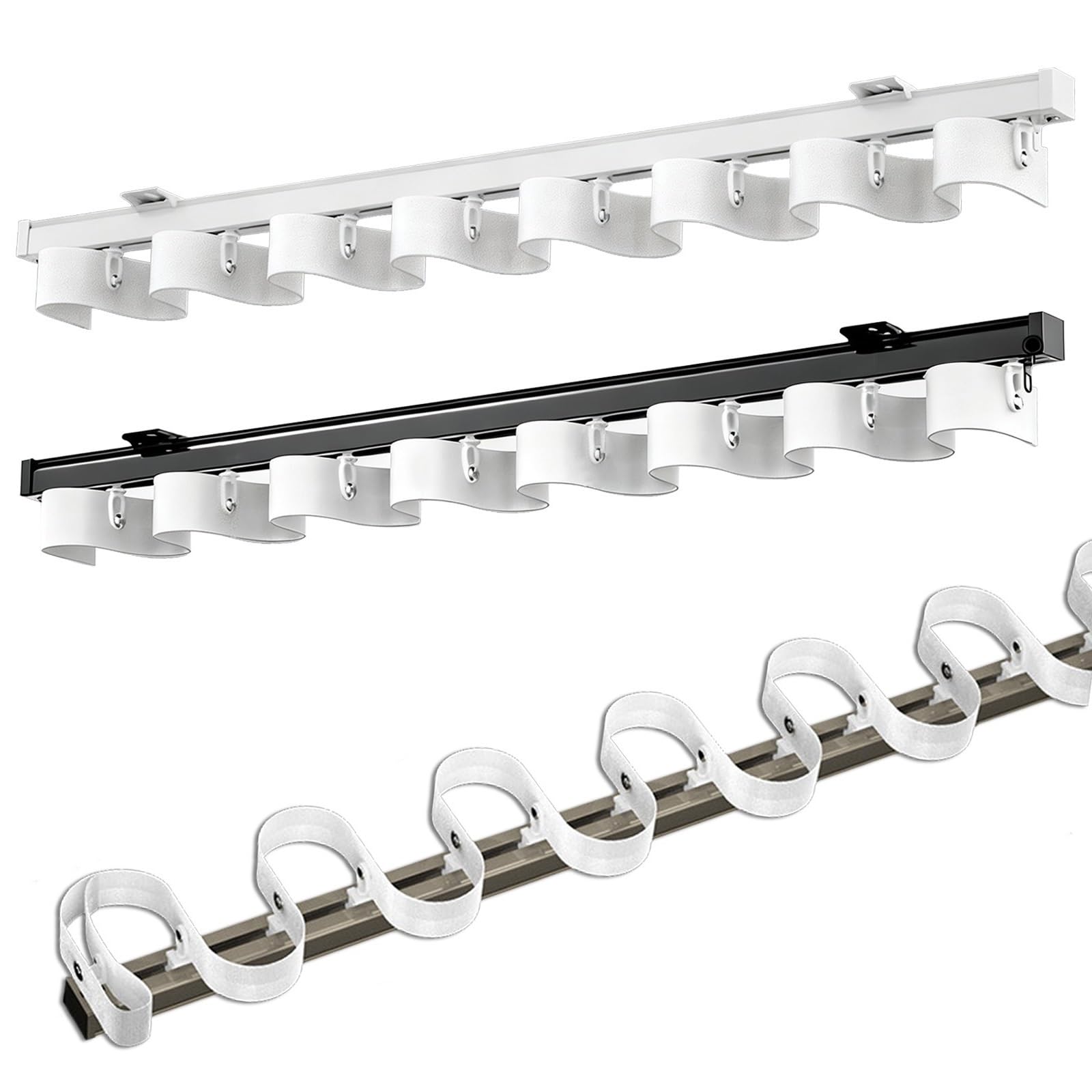 Ceiling Curtain Track System For Room Divider, S-shaped Wavy Ceiling Curtain Tracks，Sliding Curtain Rail With Silent Pulley, Buckle Hanging, Heavy-Duty Ripplefold Snap Track(Noir,270cm(8.8FT))