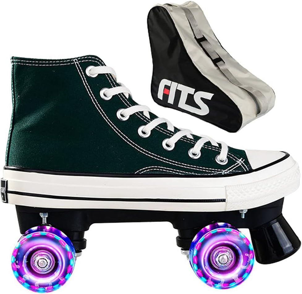 KUXUAN Double-row Canvas Roller Skates Four-wheel Roller Skates Roller Skates With Flashing Rollers Suitable for Children and Adult Men and Women,Green-44EU