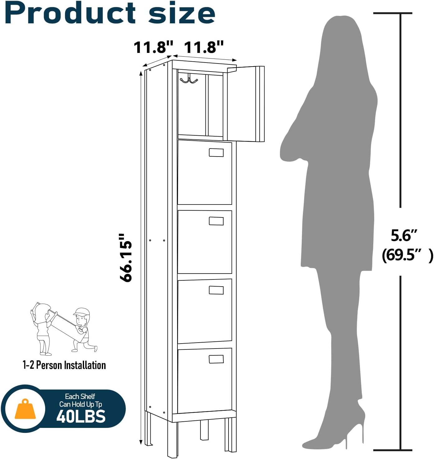 Employees Lockers 66" 5-Door Storage Metal Locker Cabinet for School, Gym, Home Office & Garage, Secure Equipment & Tools Organization (5 Doors,Blue
