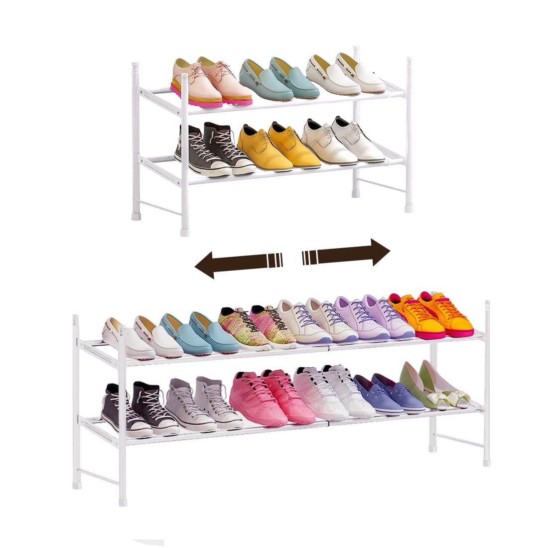 Shoe Rack Stackable Shoe Shelf Metal Iron of Expandable and Adjustable Shoes Organizer Shoes Organizer for Bedroom, Living Room, Closet, Drom Room, Entryway Doorway (2-Tier, White)