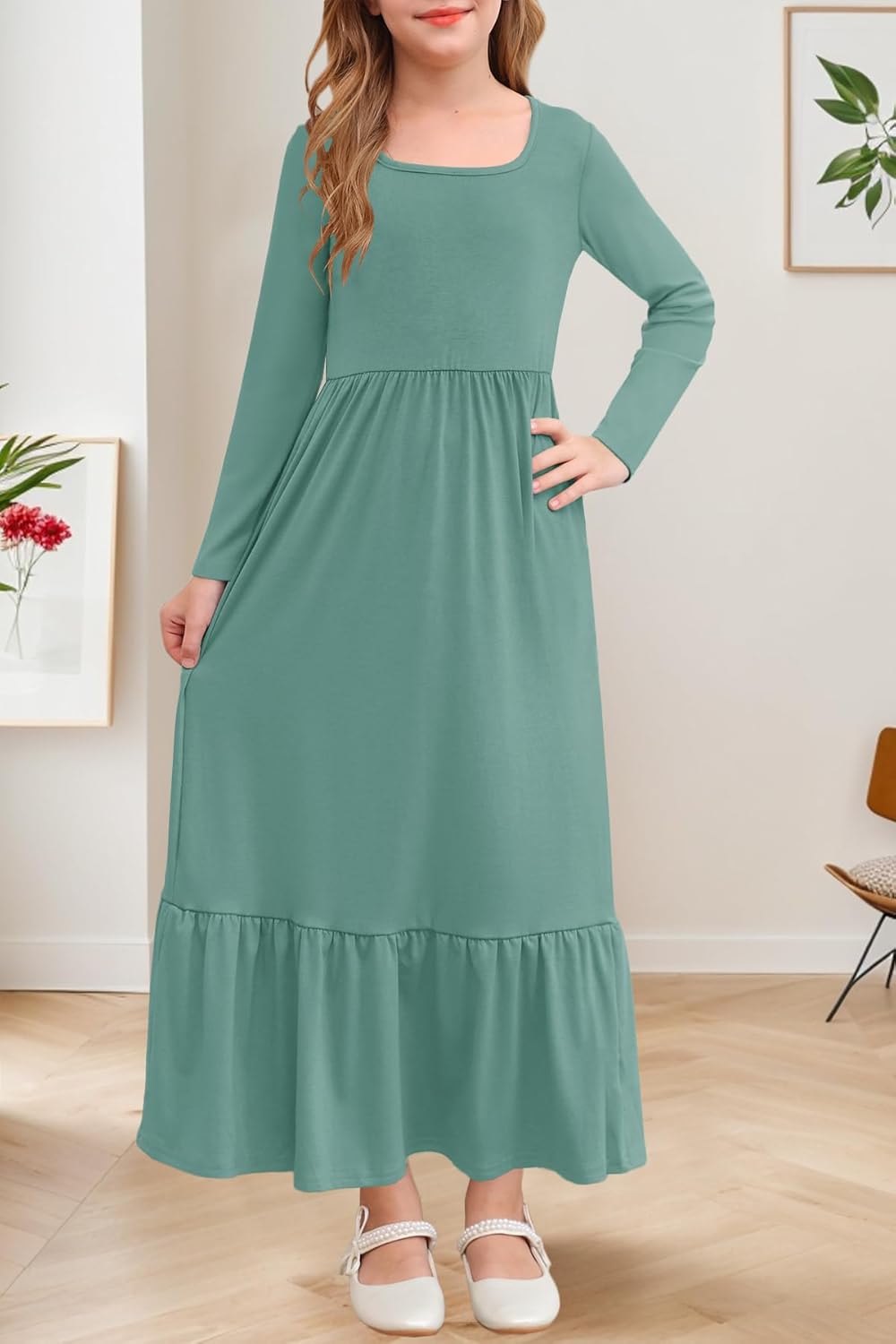 YOVION Girls Maxi Dress Fall Long Sleeve Square Neck Tiered Flowy Casual Holiday Dresses with Pockets for 6-12 Y - Image 2