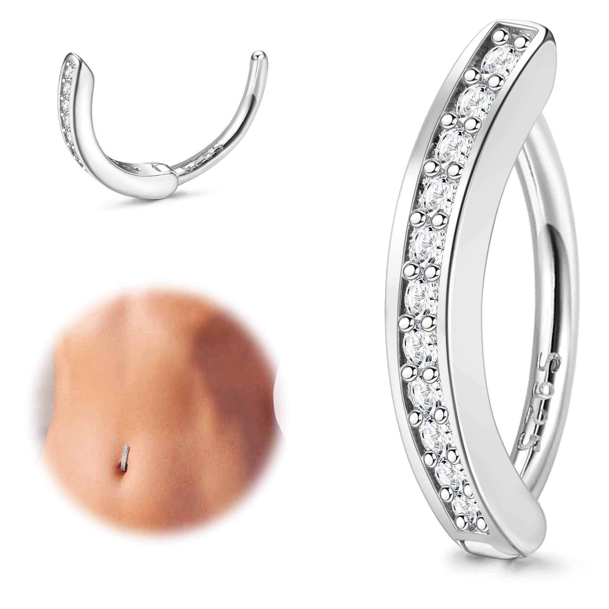BESTEEL14G Clicker Belly Button Rings for Women 925 Sterling Silver Belly Button Ring Curved CZ Reverse Clip-on Belly Button Ring Barbell Piercing Gold Silver Tone Navel Body Piercing Jewelry 10/12mm