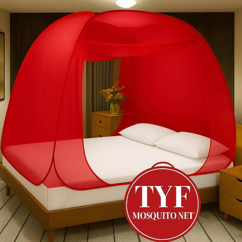 Image of TYF Mosquito Net for Bed Made with Polyester Material | Foldable Mesh Design | Lightweight and Portable Structure | Easy to Use and Carry, Red (6.15 Feet X 6.15 Feet) Double Bed