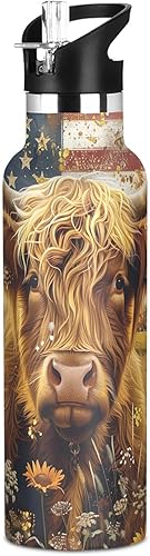 Miniatura 1 de Kids Water Bottle, Kids Water Bottle Stainless Steel for Travel or School 20 Oz, BPA-Free, Highland Cow USA Flag Retro