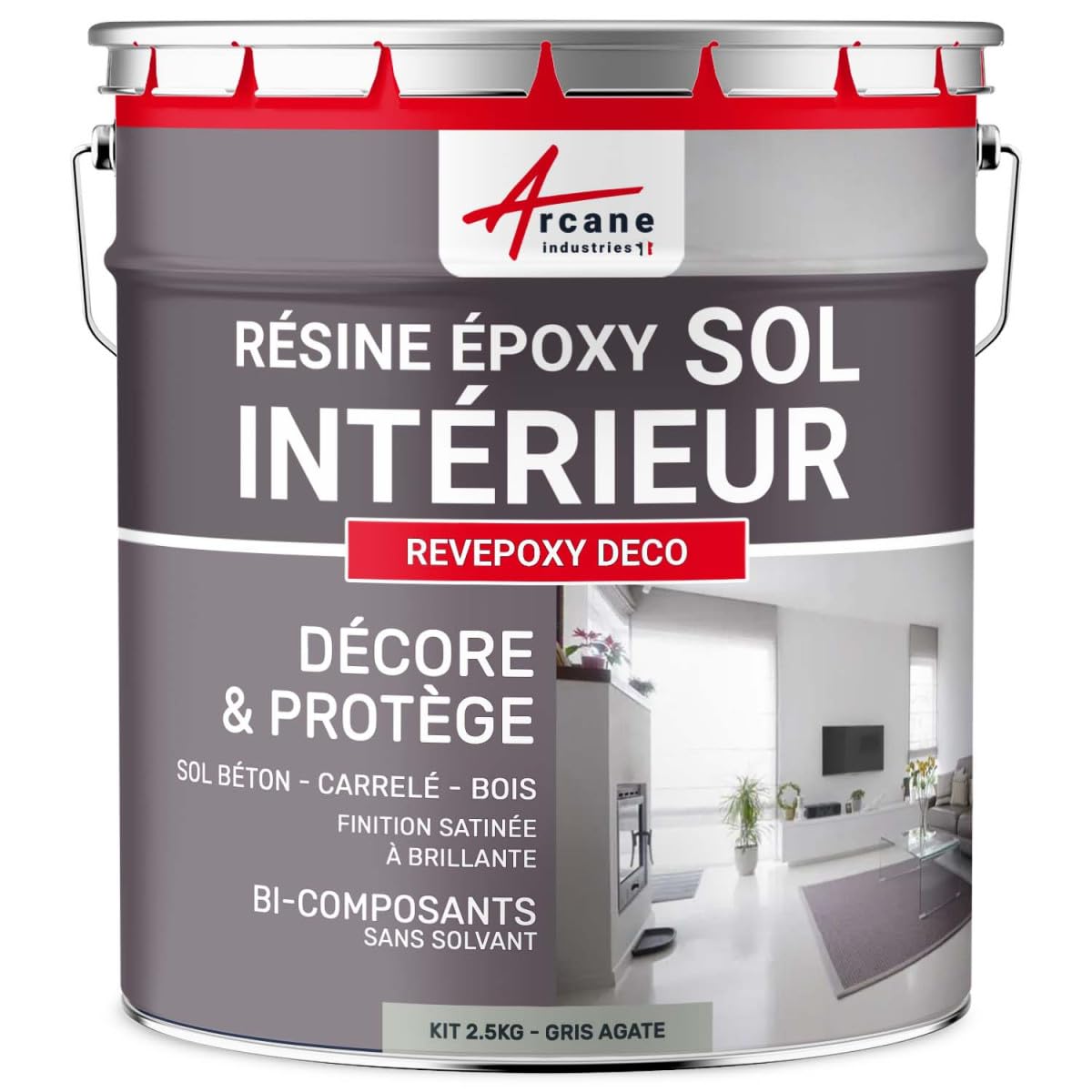 ARCANE INDUSTRIES Peinture Sol, résine epoxy, Peinture pour Sol,​Salon, Cuisine, Salle de Bains - Effet Miroir : Revepoxy Deco - 2.5 kg (jusqu'à 12.5 m² en 2 Couches) Gris Agate - RAL 7038