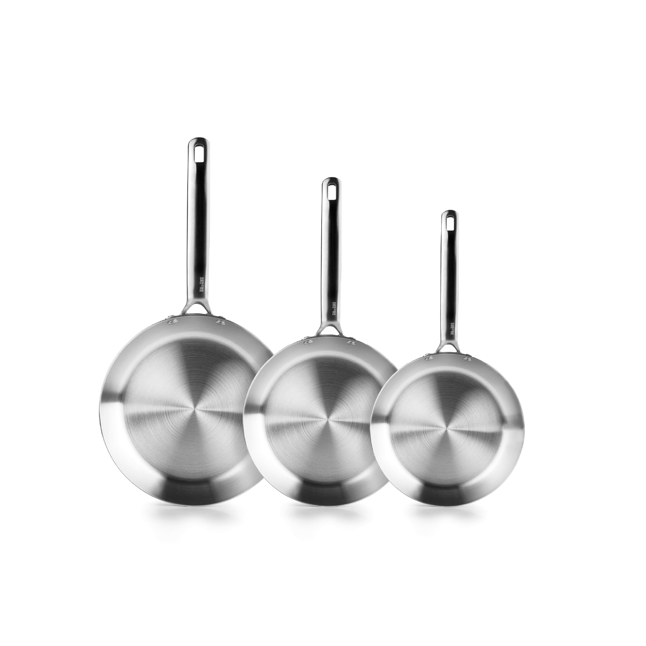 IBILI - Set de 3 Sartenes 18-22 y 26 cms, 5 capas, 5ply Element, Acero inoxidable, Apto para induccion, sin antiadherente, Juego de 3 sartenes