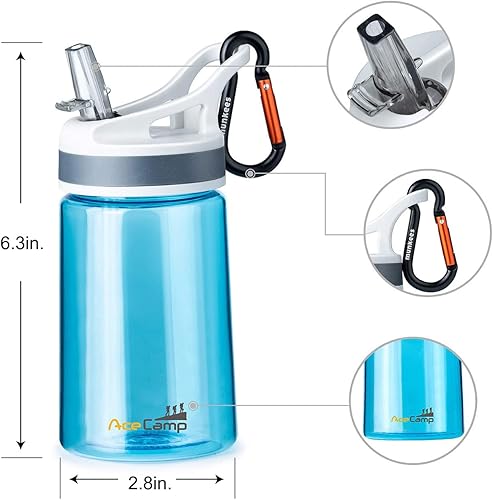 Vista 2 de AceCamp Paquete de 2 botellas de agua para niños con popote para la escuela, niños y niñas, botella de agua pequeña de 12 onzas con clip Tritan sin