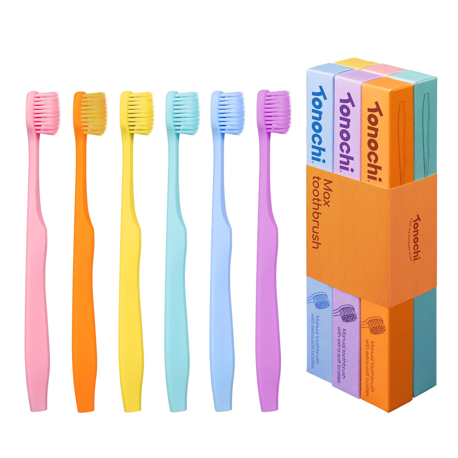 Extra Soft Bristle Toothbrushes for Adults, 6-Pack, Rainbow Mix