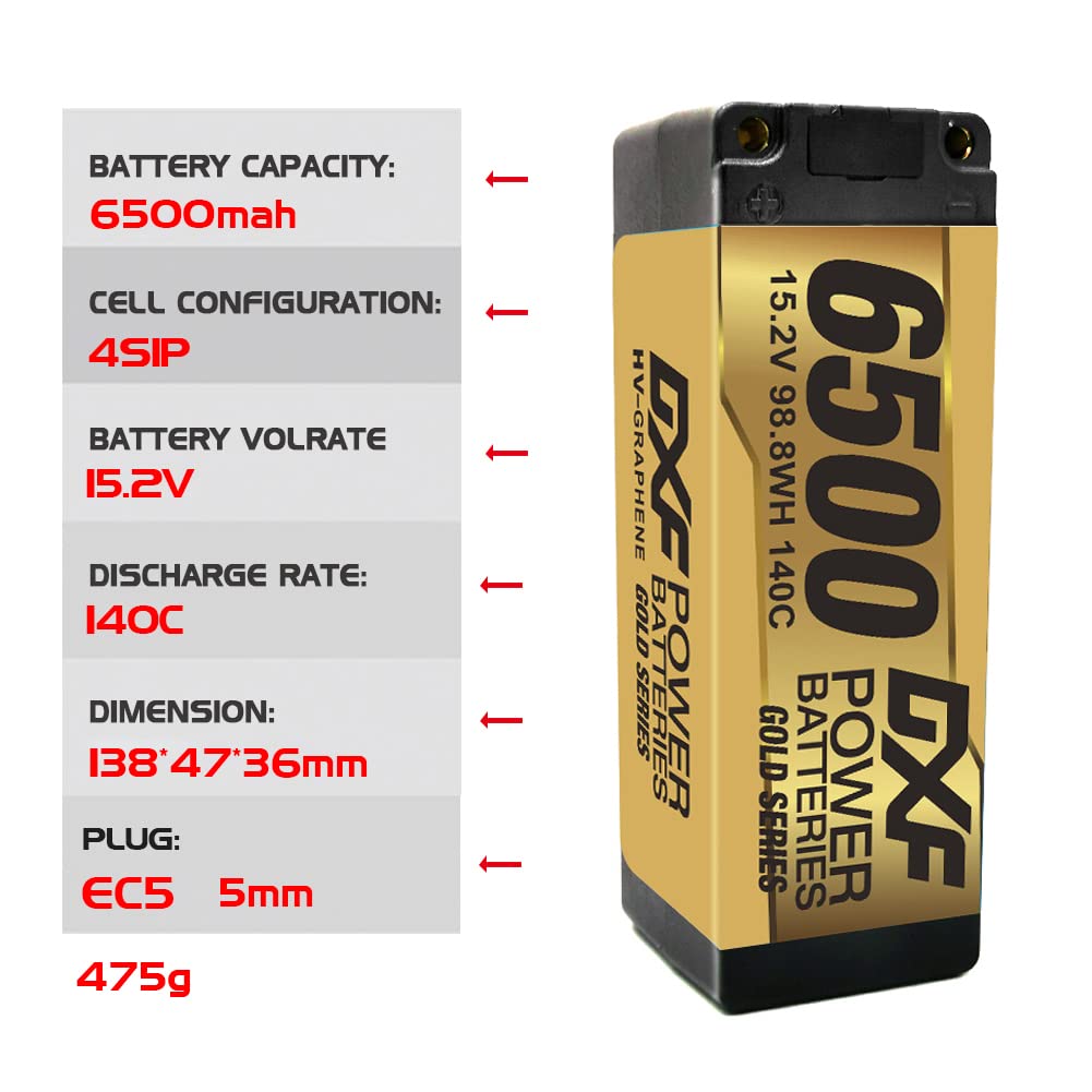 DXF 4S 6500mAh 15.2V 140C Batterie Lipo Haute capacité Hardcase avec Prise XT90 5mm pour Voiture RC à l'échelle 1:8, Avion RC Multi-Rotor, hélicoptère RC, Bateau RC(2 Packs