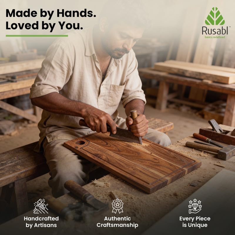 Image of Rusabl EcoWood Terra Acacia Wood Chopping Board, 40.6 x 22.9 x 1.5 cm, XXL | Handcrafted End Grain Rectangular Cutting Board for Fruits & Vegetables